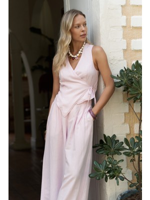 Moibel Bağcık Detay Pembe Crop Pantolon Takım