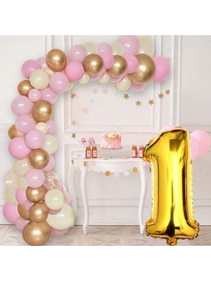 1 Yaş Krom Gold Pastel Pembe ve Beyaz Balon Seti Gold Rakamlı Doğum Günü Balonu Şık Parti Süsleme