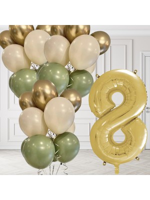 8 Yaş Retro Küf Yeşili Krom Gold Kum Beji Balon Seti Gold Rakam Doğum Günü Balonu Şık Parti Süsleme
