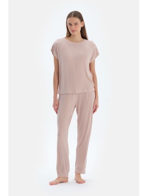 Açık Pembe Bisiklet Yaka Jogger Paça Viskon Kaşkorse Pijama Takımı