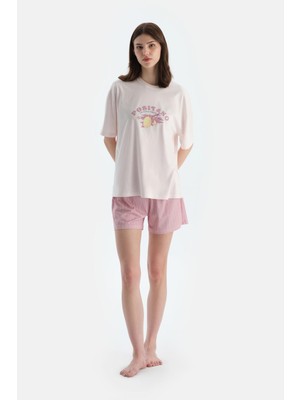 Açık Pembe Baskı Detaylı Kısa Kollu Tişört Şort Pijama Takımı