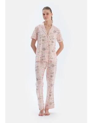 Pembe Metraj Baskılı Penye Modal Gömlek Pantolon Pijama Takımı