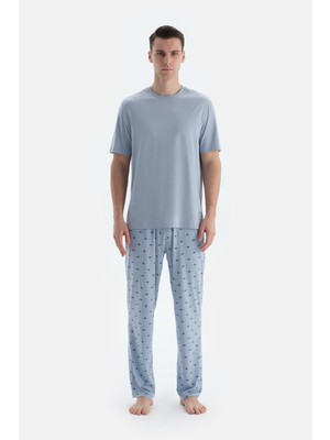 Açık Mavi Etek Ucu Baskılı Kısa Kollu Tişört Pantolon Pijama Takımı