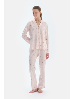 Ekru Kalp ve Çizgi Baskılı Penye Modal Gömlek Pantolon Pijama Takımı