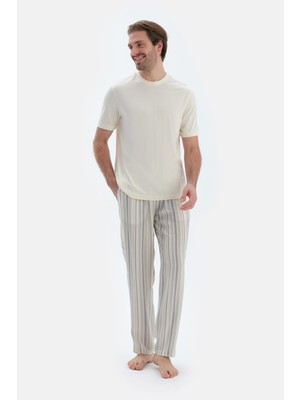 Ekru Kısa Kollu Triko Bant Detaylı Tişört Pantolon Pijama Takımı