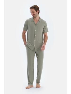 Bej Kısa Kollu Basıc Gömlek Pantolon Pijama Takımı