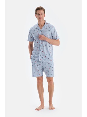 Açık Mavi Metraj Baskılı Gömlek Şort Pijama Takımı