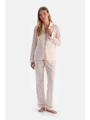 Ekru Baskılı Gömlek Pantolon Pijama Takımı