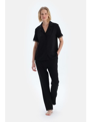 Siyah Dantel Detaylı Viskon Gömlek Pantolon Pijama Takımı