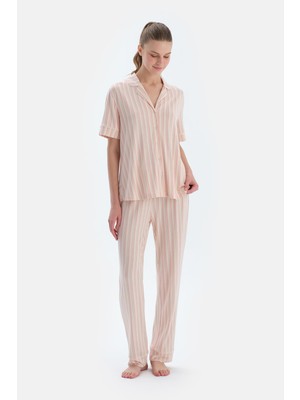 Pembe Çizgili Gömlek Pantolon Pijama Takımı
