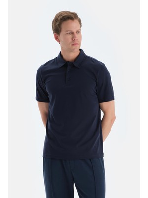 Lacivert Polo Yaka Ipek Apre Kısa Kollu Tişört