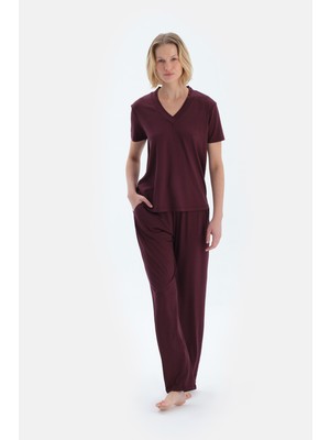 Bordo V Yaka Kısa Kollu Viskon Tişört Pantolon Pijama Takımı