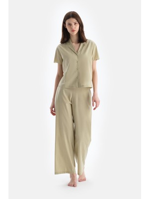 Açık Yeşil Dikiş Detaylı Dokuma Pantolon