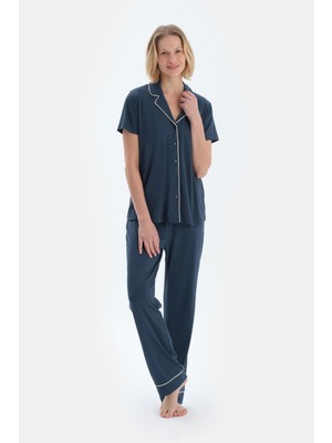 Lacivert Kısa Kollu Basıc Gömlek Pantolon Pijama Takımı