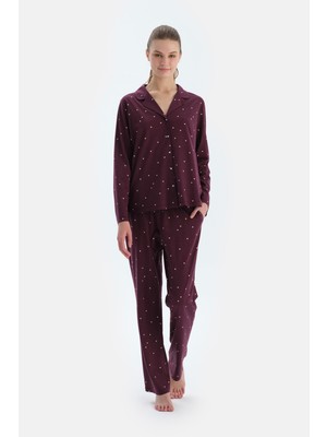 Bordo Kalp ve Çizgi Baskılı Penye Modal Gömlek Pantolon Pijama Takımı