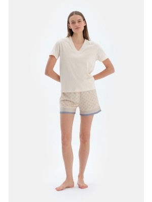 Ekru V Yaka Kısa Kollu Tişört Pantolon Pijama Takımı
