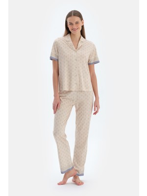 Ekru Çıtır Desenli Gömlek Pantolon Pijama Takımı