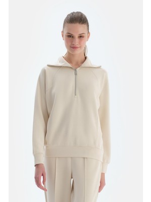 Ekru Kadın Yarım Fermuarlı Modal Sweatshirt