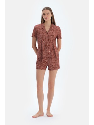 Kiremit Leopar Desenli Gömlek Şort Pijama Takımı