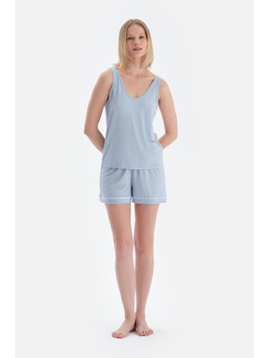 Buz Mavisi V Yaka Modal Atlet Şort Pijama Takımı