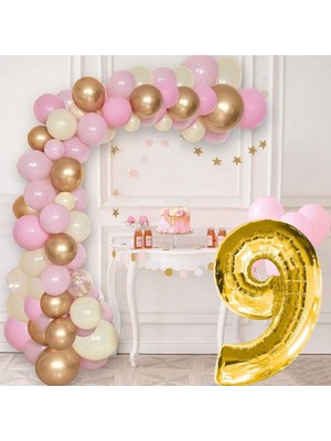 9 Yaş Krom Gold Pastel Pembe ve Beyaz Balon Seti Gold Rakamlı Doğum Günü Balonu Şık Parti Süsleme