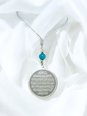Turkuaz Doğal Taşlı Gümüş Renk Çelik Çift Taraflı Ayetel Kürsi Felak Nas Ihlas Araba Ayna Süsü