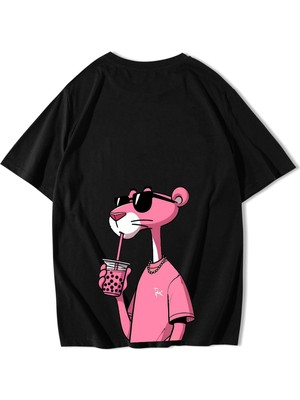 Brz Collection Unisex Oversize Pink Panther Pembe Panter T-Shirt Siyah