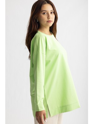 5415 -2 Iplik Ince Rahat, Basic Düz Kadın Uzun Sweatshirt