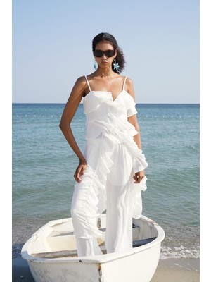 Askılı Fırfır Detay Asimetrik Tül Beyaz Bluz