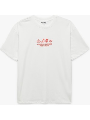 Koton Kısa Kollu Bisiklet Yaka Meyve Nakışlı Pamuklu Oversize Tişört