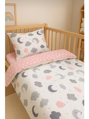 Bebek Özel Pamuk Bebek/çocuk Yastık Çarşaf Yorgan Seti Pembe Bulut Yıldızlı