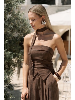 Bhioctoria Kahve Straplez Crop Pantolon Takım