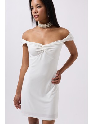 Büzgü Detay Omuz Askılı Mini Ekru Elbise