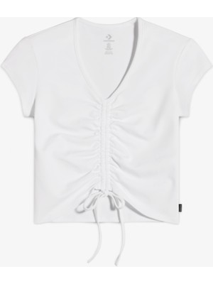 Converse Classic Kadın Slim Fit V Yaka Büzgülü Beyaz T-Shirt