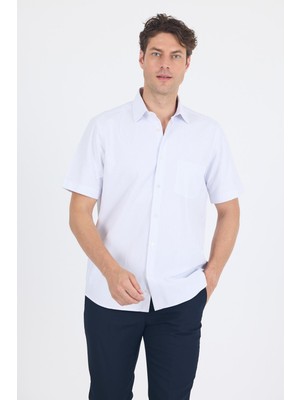 Beyaz-Mavi Sert  Yaka Kısa Kol Cepli  Comfort Fit Cls Gömlek 1004250262