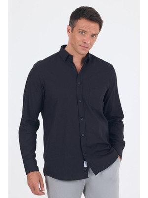 Siyah Uzun Kol Düz Armür Oval Yaka Casual Comfort Fit Gömlek 1004250249