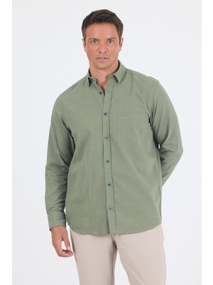 Koyu Haki Uzun Kol Düz Armür Oval Yaka Casual Comfort Fit Gömlek 1004250249