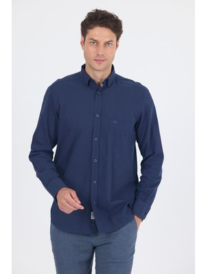 Lacivert Uzun Kol Düz Armür Oval Yaka Casual Comfort Fit Gömlek 1004250249