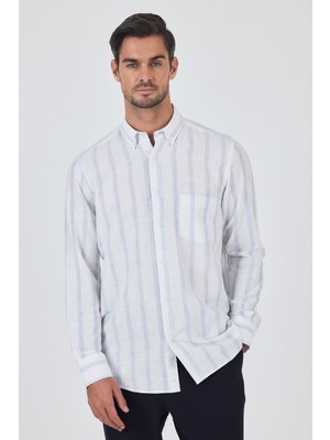 Uzun Kol Çizgili Desen Bez Ayağı Düğmeli Yaka Cepli Pamuklu Casual Comfort Fit Gömlek 1004250190