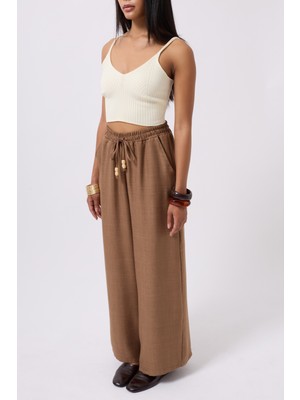 Aksesuar Detay Keten Kahverengi Pantolon