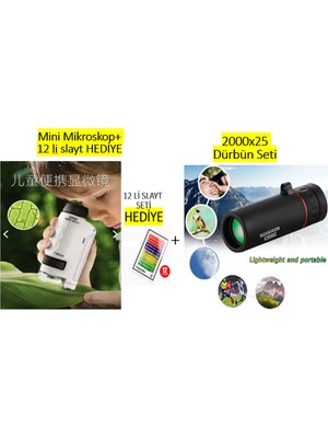 Elvinsa Çocuklar Için Eğitici 2 Li Set -Işıklı Mini Cep Boy Zoomlu El Mikroskop Seti + 2000X25 Mini El Dürbünü (Başlangıç Seti)