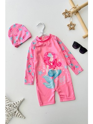 Miniğimin Cicileri Denizkızı Desenli Kız Çocuk Mayo bone takım - Pembe