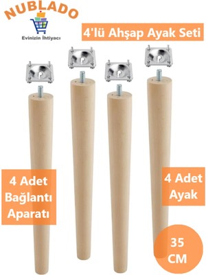 Ahşap (35 Cm) Sehpa Masa Puf Tabure Tv Ünitesi Ayağı Ayakları M8 Civatalı Bağlantı Aparatlı 4'lü Set