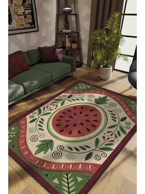Homshtag Art Deco Karpuz Desenli Halı Bitki Temalı Yeşil Renkli Karpuz Desenli Dijital Baskı Halı