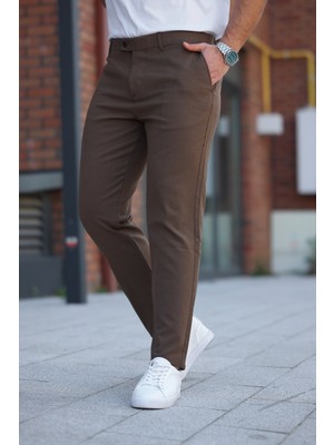Erkek Açık Kahverengi Italyan Kesim Slim Fit Kaliteli Esnek Likralı Bilek Boy Kumaş Pantolon
