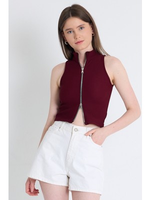 Bordo Fermuar Detaylı Kolsuz Crop Bluz 2226