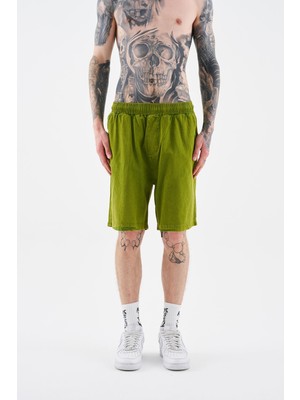 Erkek Basic Yıkamalı Relaxed Asker Yeşili Şort