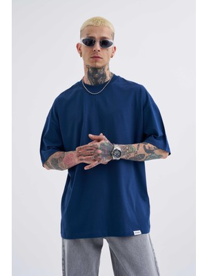 Erkek Basic Super Pamuklu Oversize Indigo Tişört