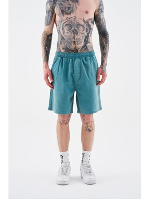 Erkek Basic Yıkamalı Relaxed Turkuaz Şort