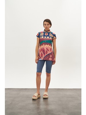 Oyun Desen Yarı Kapalı Mayo Gülkurusu